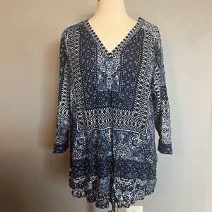 Lucky Brand Cotton Linen Boho Scarf Print Blouse 3/4 Sleeve Parsley Tee Top